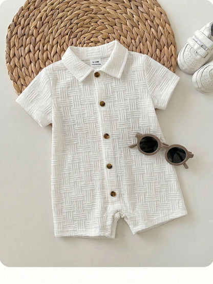 Newborn Baby Boy White Summer Casual Vacation Knitted Striped Short Sleeve Romper,Cute Baptism,Wedding,Birthday Party,Evening Party Outfit,One Month