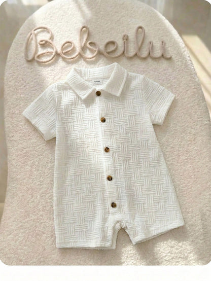 Newborn Baby Boy White Summer Casual Vacation Knitted Striped Short Sleeve Romper,Cute Baptism,Wedding,Birthday Party,Evening Party Outfit,One Month