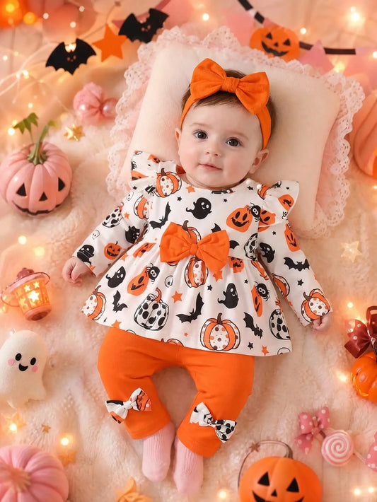 Newborn Baby Girl Autumn/Winter Outfit Set, White Round Neck Long Sleeve Top With Ghost Pumpkin Pattern And Exquisite Orange Large Bow, A-Line Waist Design, Orange Casual Long Pants With Bow, Cu