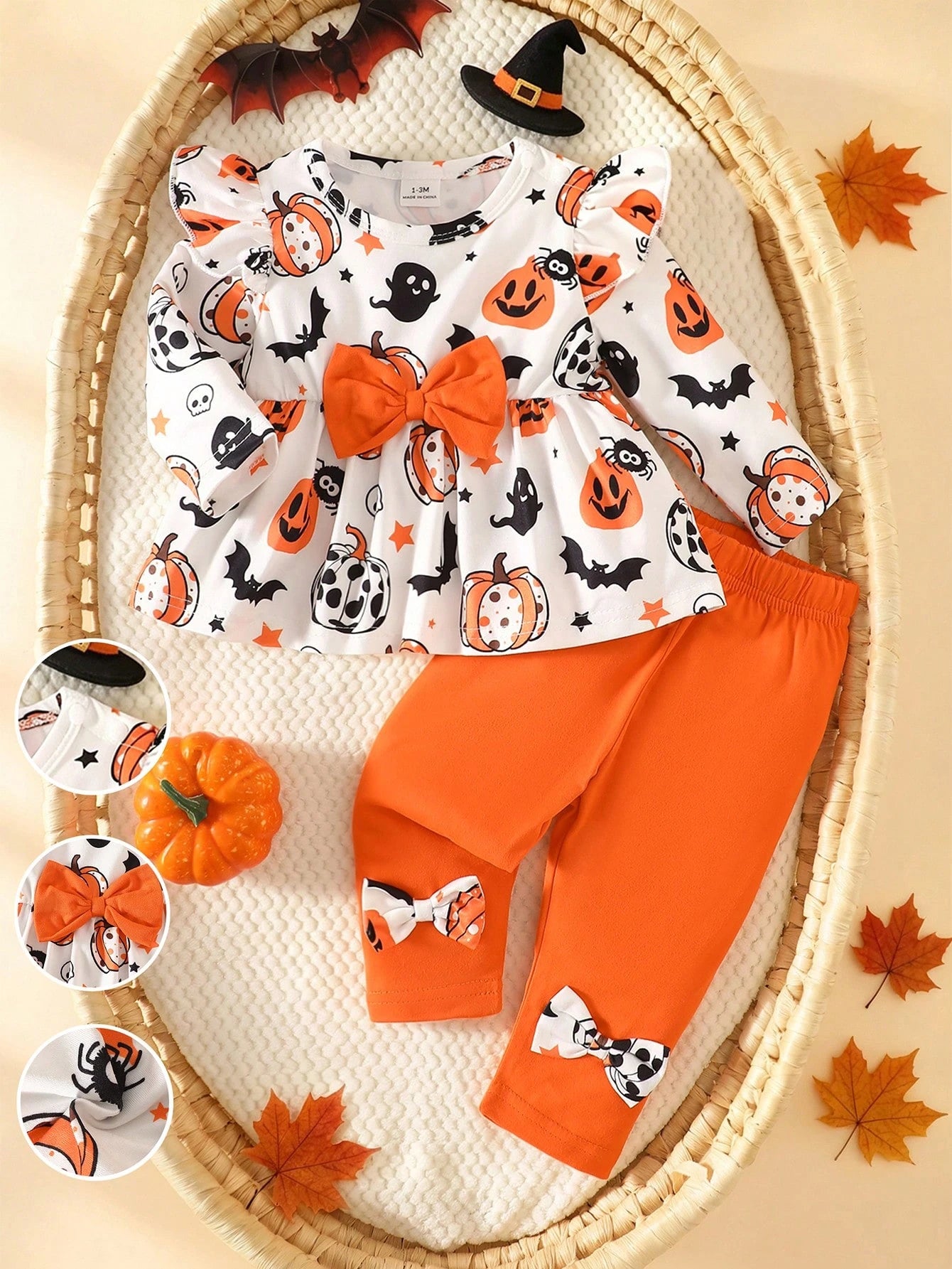 Newborn Baby Girl Autumn/Winter Outfit Set, White Round Neck Long Sleeve Top With Ghost Pumpkin Pattern And Exquisite Orange Large Bow, A-Line Waist Design, Orange Casual Long Pants With Bow, Cu