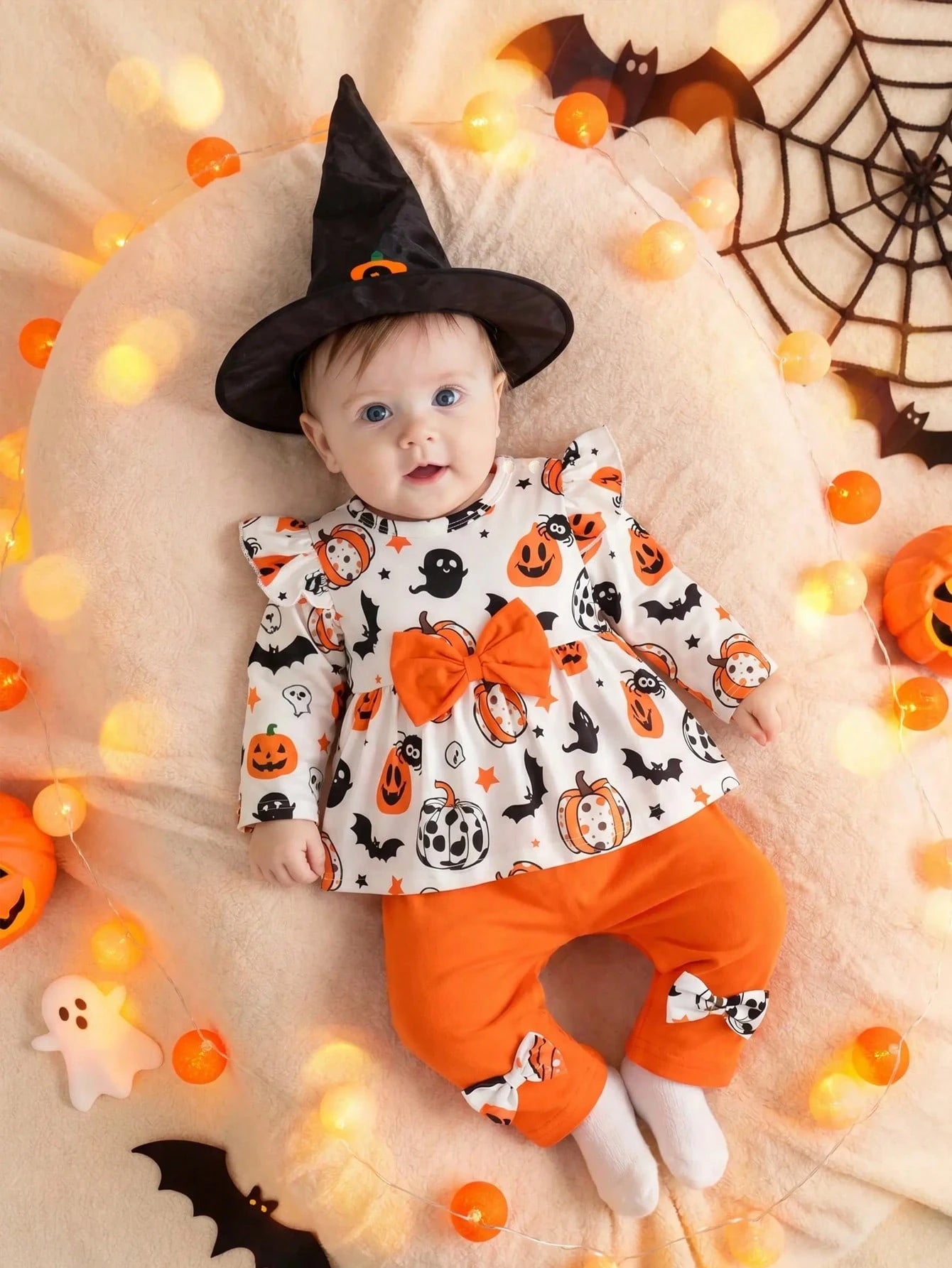 Newborn Baby Girl Autumn/Winter Outfit Set, White Round Neck Long Sleeve Top With Ghost Pumpkin Pattern And Exquisite Orange Large Bow, A-Line Waist Design, Orange Casual Long Pants With Bow, Cu