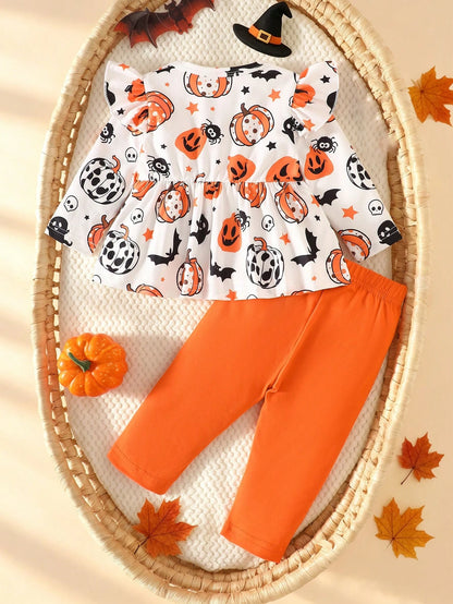 Newborn Baby Girl Autumn/Winter Outfit Set, White Round Neck Long Sleeve Top With Ghost Pumpkin Pattern And Exquisite Orange Large Bow, A-Line Waist Design, Orange Casual Long Pants With Bow, Cu