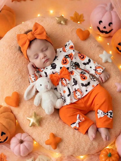 Newborn Baby Girl Autumn/Winter Outfit Set, White Round Neck Long Sleeve Top With Ghost Pumpkin Pattern And Exquisite Orange Large Bow, A-Line Waist Design, Orange Casual Long Pants With Bow, Cu