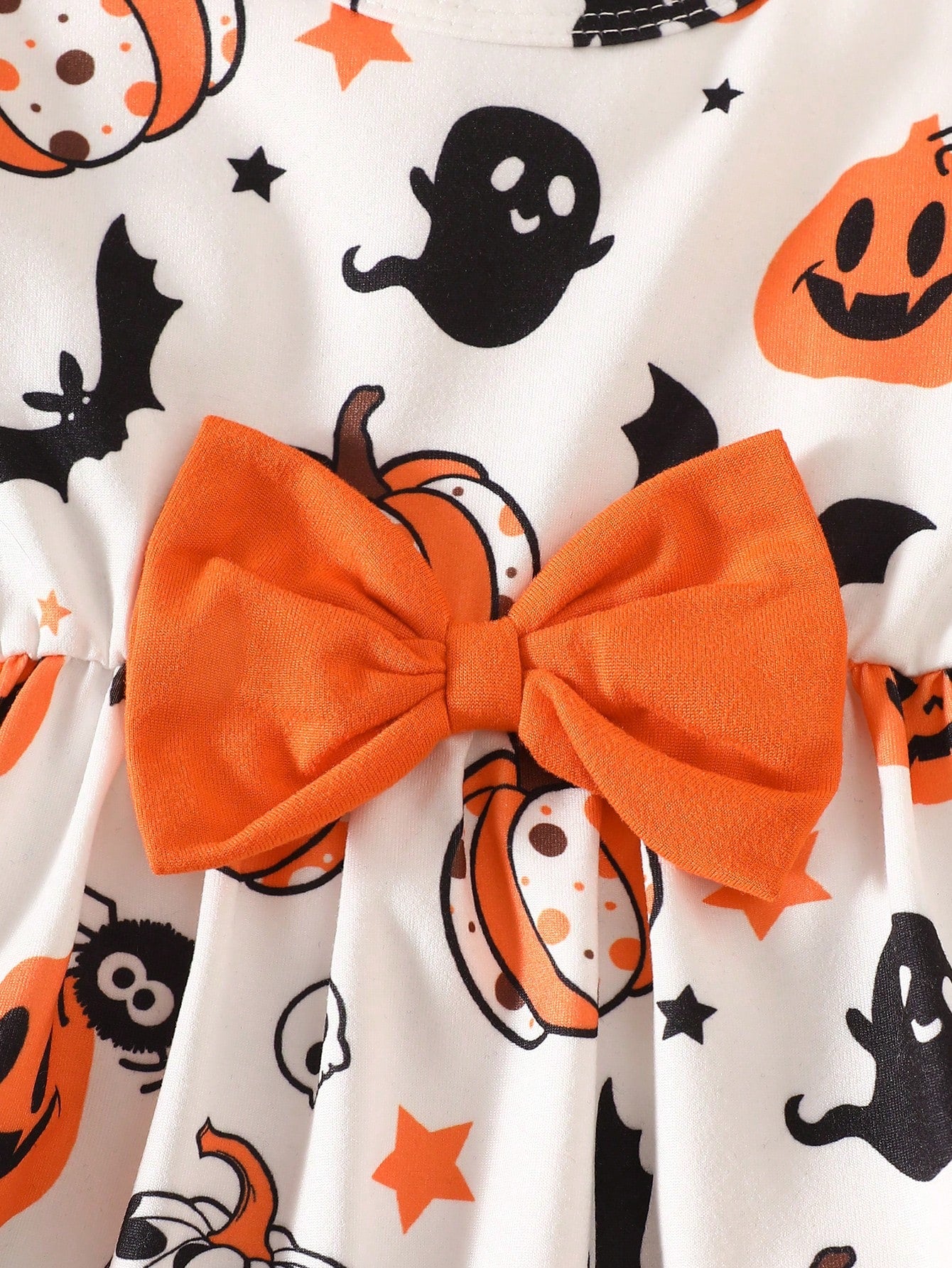 Newborn Baby Girl Autumn/Winter Outfit Set, White Round Neck Long Sleeve Top With Ghost Pumpkin Pattern And Exquisite Orange Large Bow, A-Line Waist Design, Orange Casual Long Pants With Bow, Cu