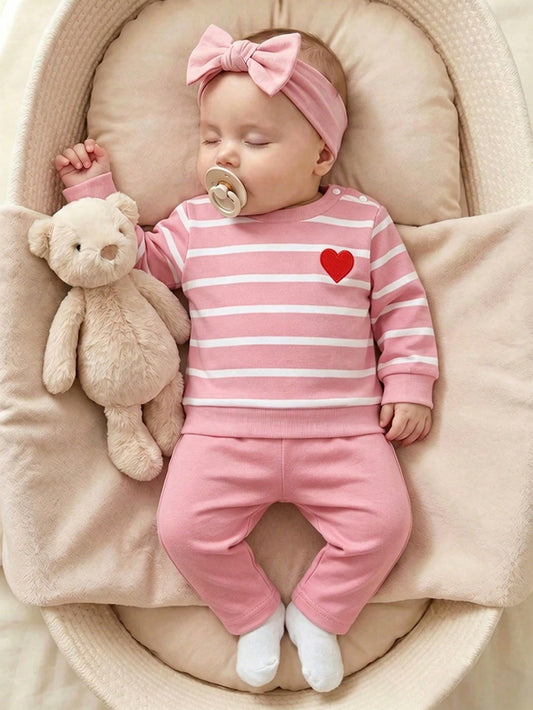 Newborn Baby Girl Casual Sweet 3D Floral Sweatshirt And Ribbed Long Pants Set