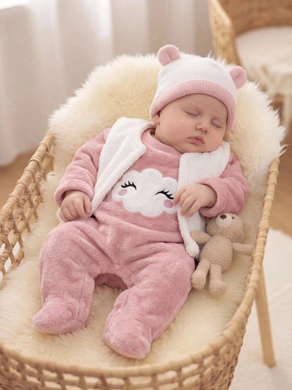 Newborn Baby Girl Fluffy Romper & Cartoon Pattern Vest Jacket 2pcs Set
