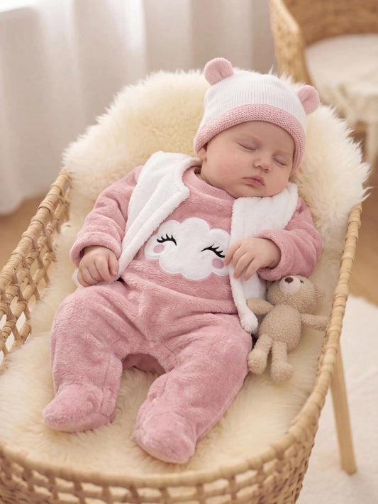 Newborn Baby Girl Fluffy Romper & Cartoon Pattern Vest Jacket 2pcs Set