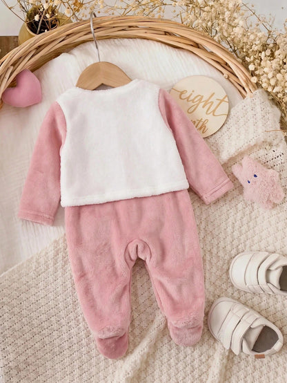 Newborn Baby Girl Fluffy Romper & Cartoon Pattern Vest Jacket 2pcs Set