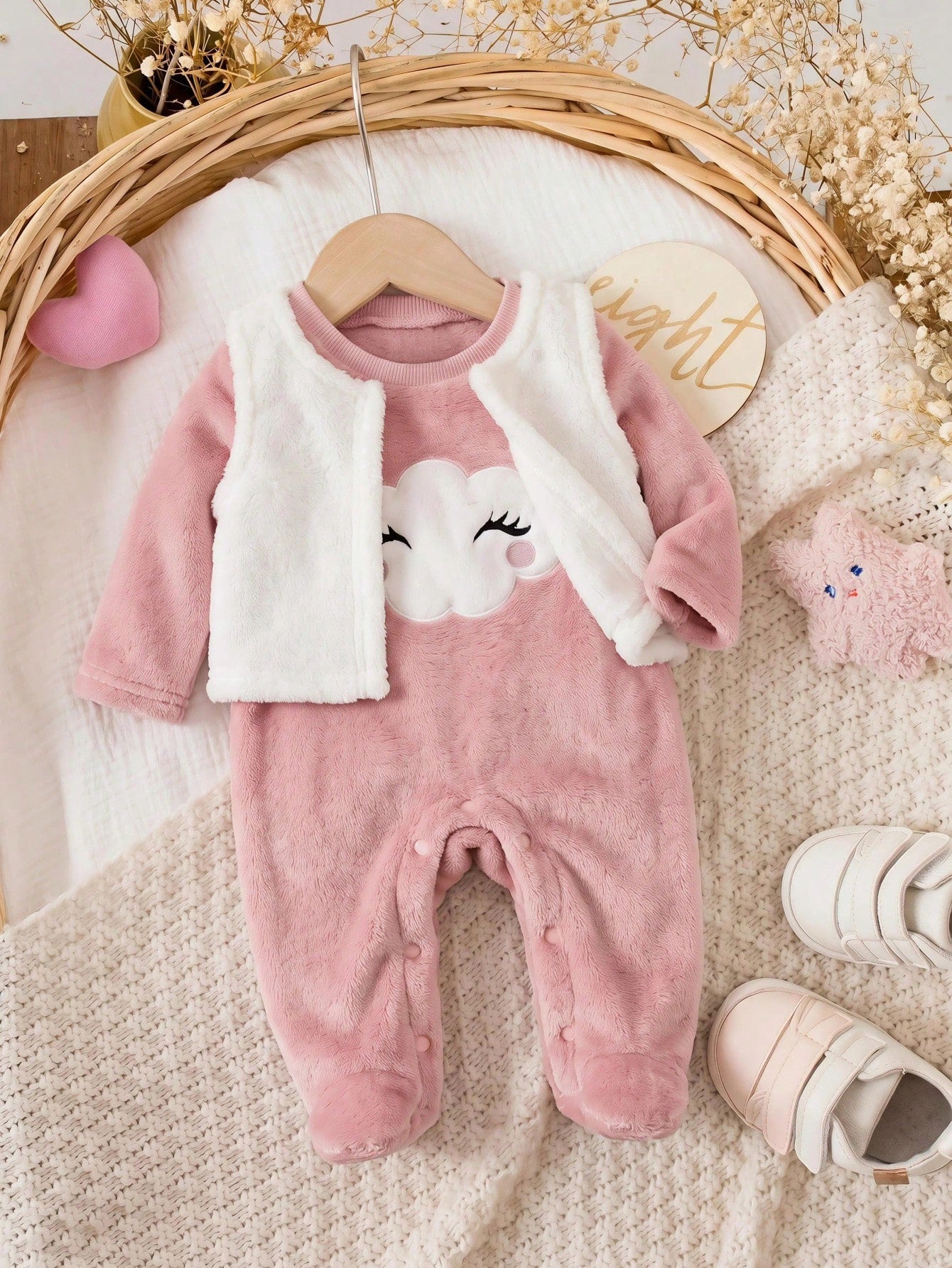 Newborn Baby Girl Fluffy Romper & Cartoon Pattern Vest Jacket 2pcs Set