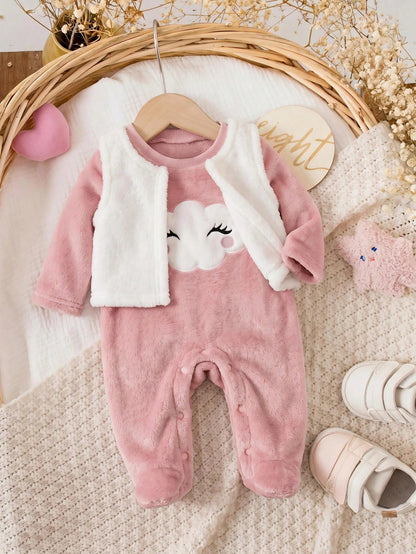Newborn Baby Girl Fluffy Romper & Cartoon Pattern Vest Jacket 2pcs Set