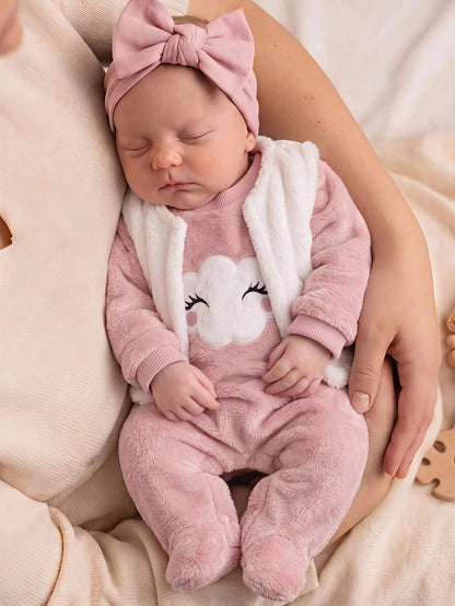 Newborn Baby Girl Fluffy Romper & Cartoon Pattern Vest Jacket 2pcs Set