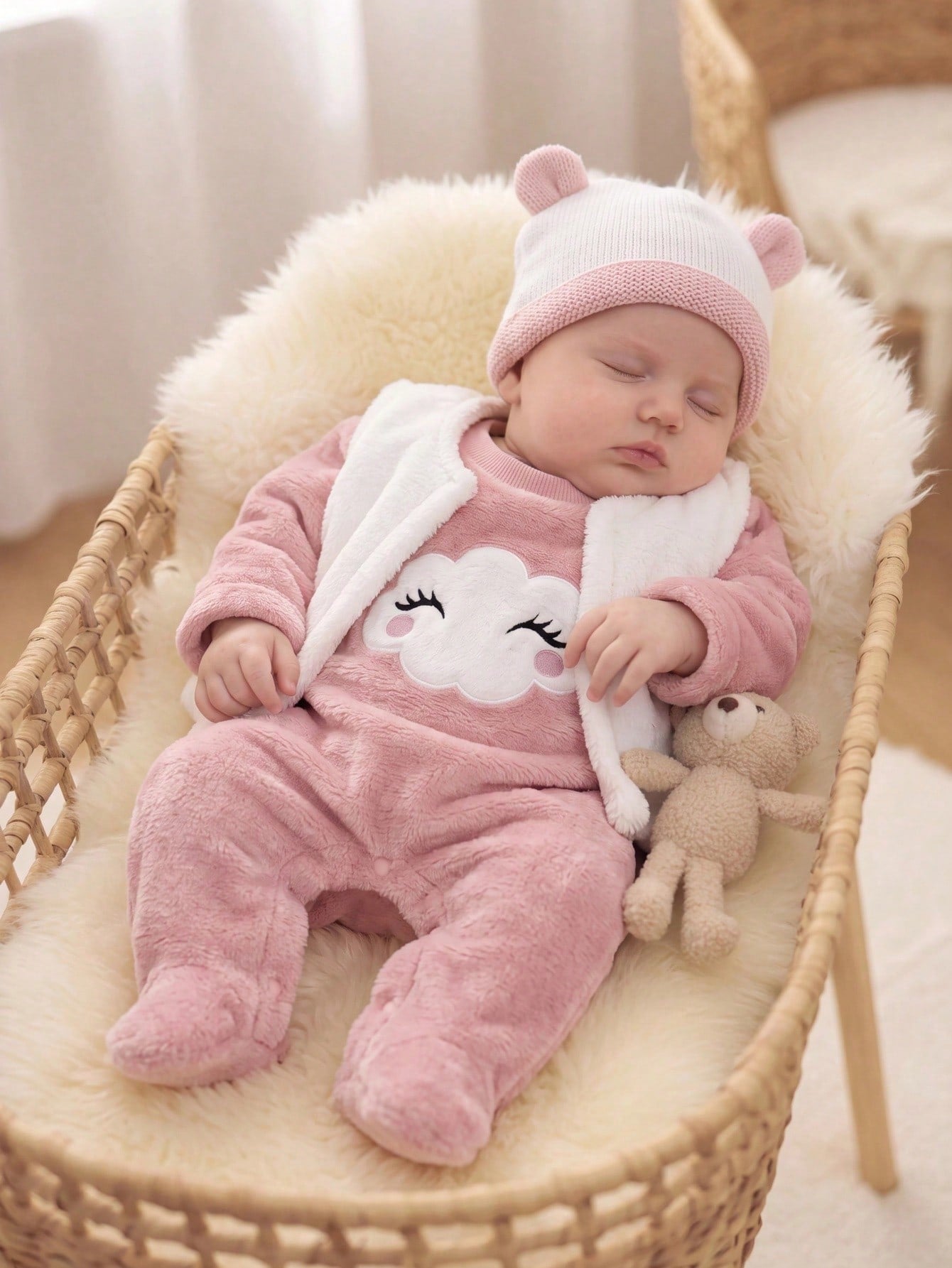Newborn Baby Girl Fluffy Romper & Cartoon Pattern Vest Jacket 2pcs Set