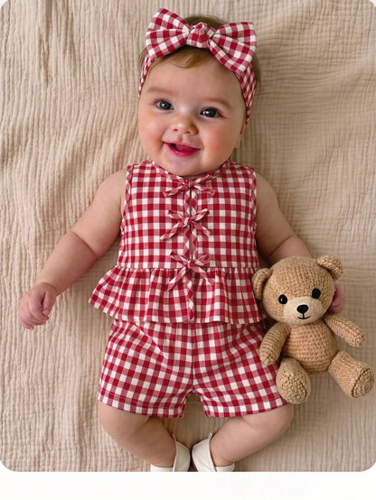 Newborn Baby Girl Vacation Casual Cute Pink&White Striped Bow Decor Tank Top&Shorts Set Summer Clothes Outfit Outfits Girls 2pcs Print