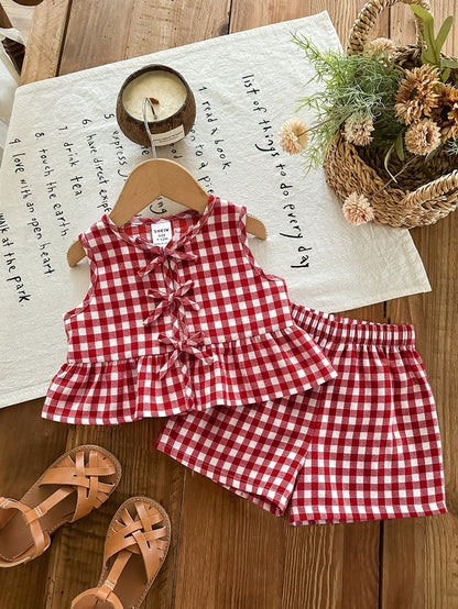 Newborn Baby Girl Vacation Casual Cute Pink&White Striped Bow Decor Tank Top&Shorts Set Summer Clothes Outfit Outfits Girls 2pcs Print