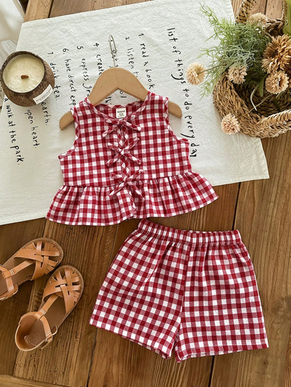 Newborn Baby Girl Vacation Casual Cute Pink&White Striped Bow Decor Tank Top&Shorts Set Summer Clothes Outfit Outfits Girls 2pcs Print