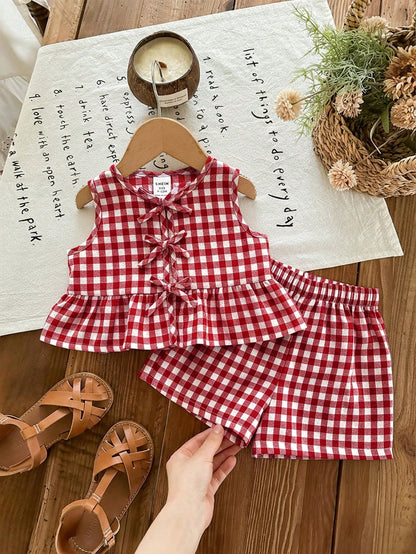 Newborn Baby Girl Vacation Casual Cute Pink&White Striped Bow Decor Tank Top&Shorts Set Summer Clothes Outfit Outfits Girls 2pcs Print