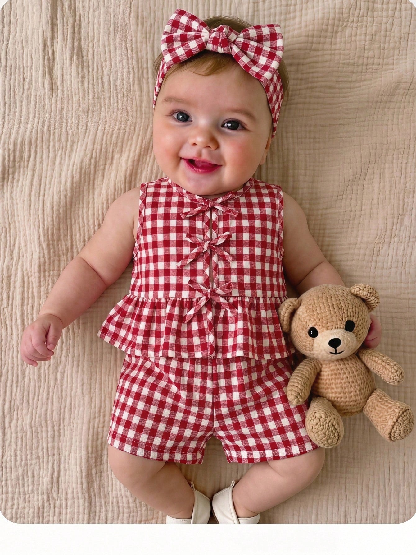 Newborn Baby Girl Vacation Casual Cute Pink&White Striped Bow Decor Tank Top&Shorts Set Summer Clothes Outfit Outfits Girls 2pcs Print