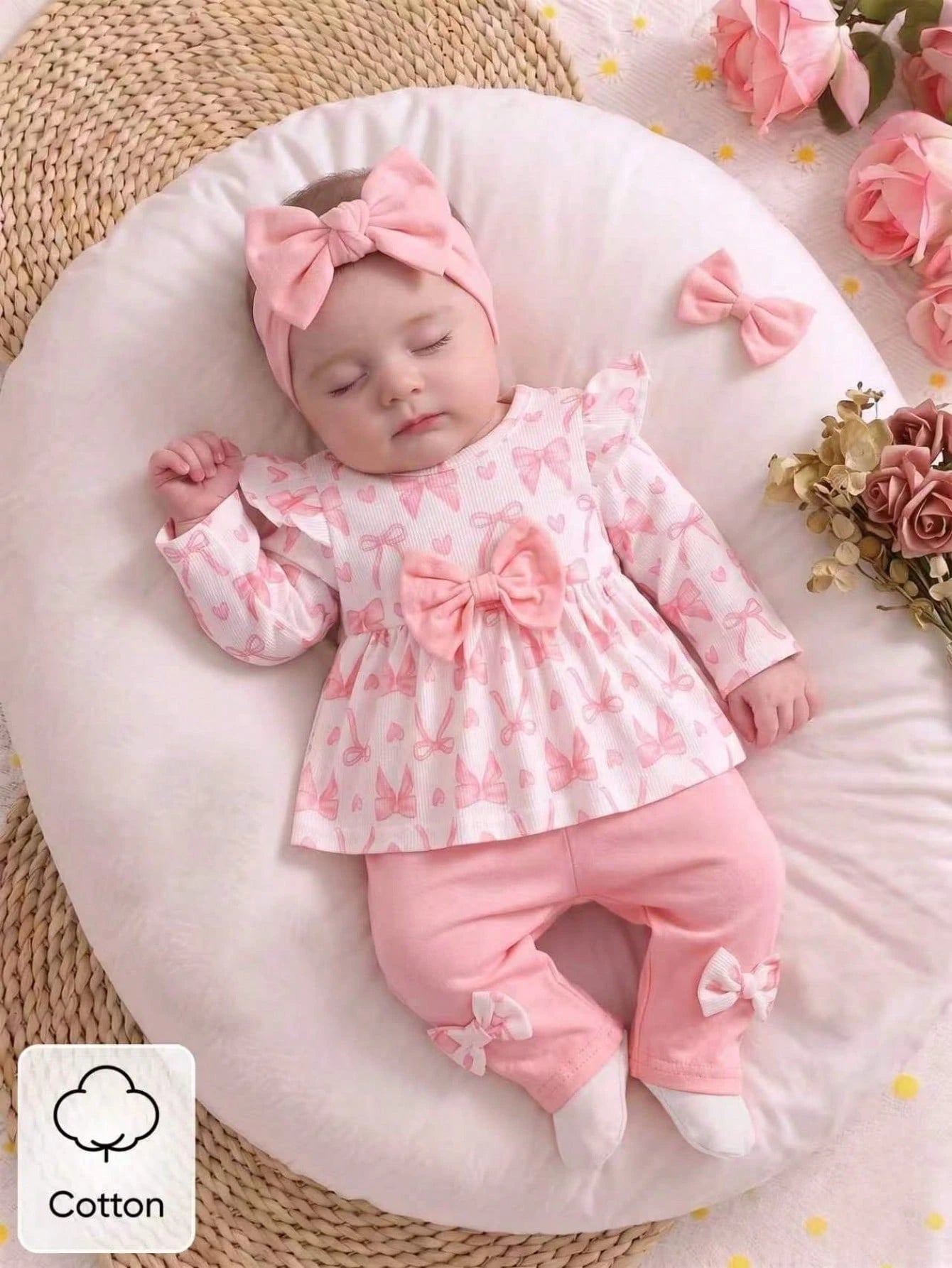 Newborn Baby Girl White Background Pink Bow Print Long Sleeved Shirt Paired With Pink Pants Sweet