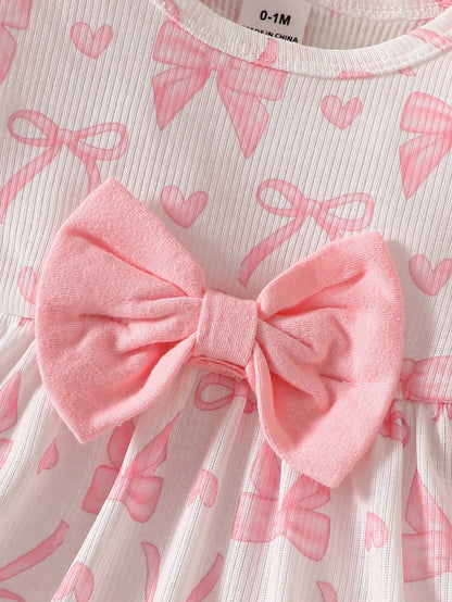 Newborn Baby Girl White Background Pink Bow Print Long Sleeved Shirt Paired With Pink Pants Sweet