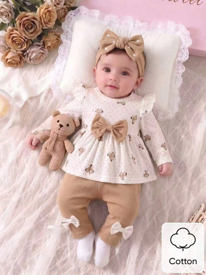 Newborn Baby Girl White Background Pink Bow Print Long Sleeved Shirt Paired With Pink Pants Sweet