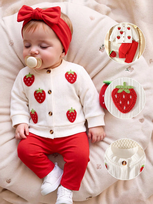 Newborn Baby Girls Spring Autumn Cardigan, Faux Knit Strawberry Coat Set