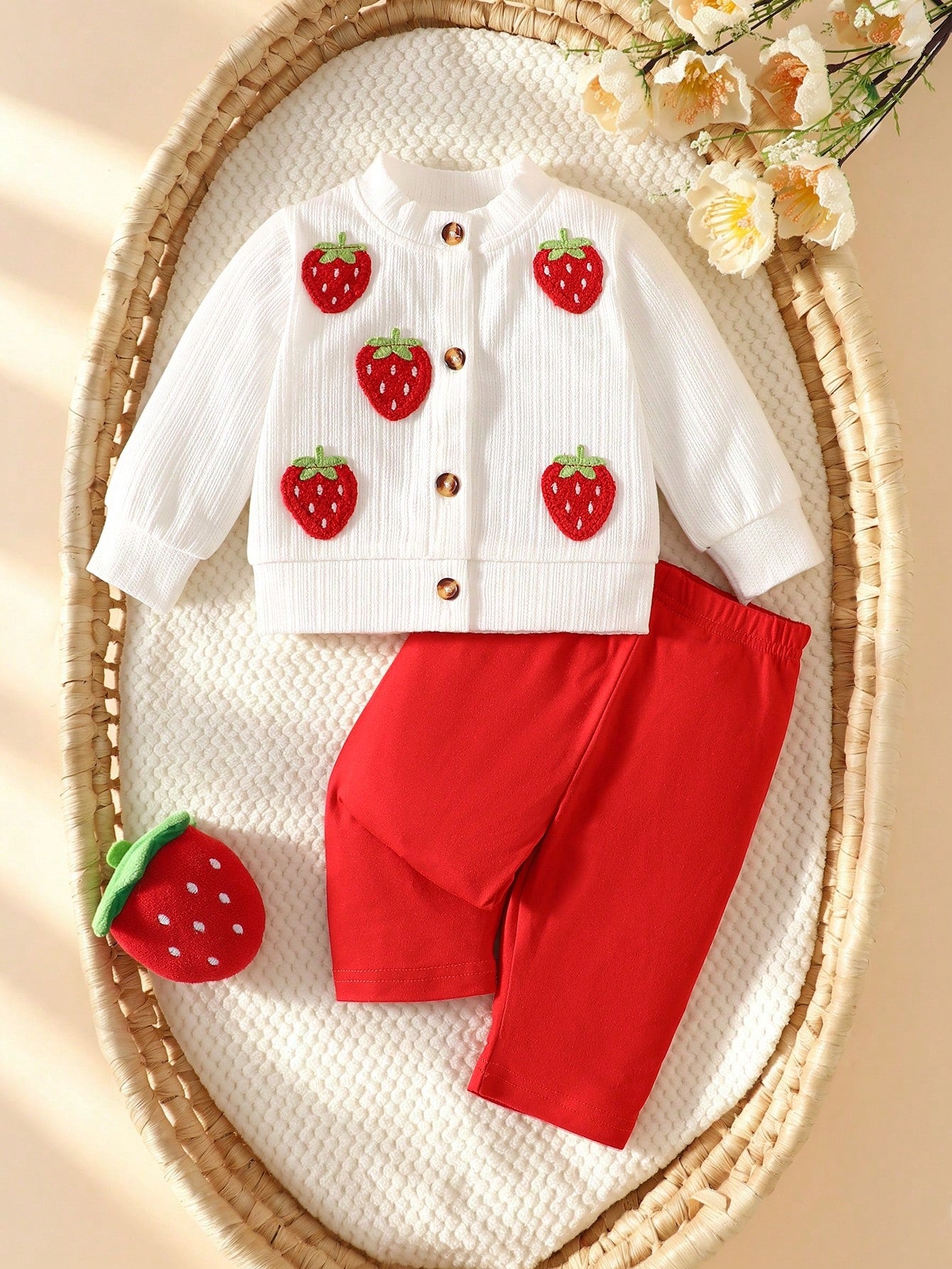 Newborn Baby Girls Spring Autumn Cardigan, Faux Knit Strawberry Coat Set