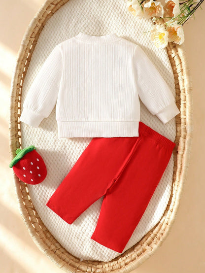 Newborn Baby Girls Spring Autumn Cardigan, Faux Knit Strawberry Coat Set