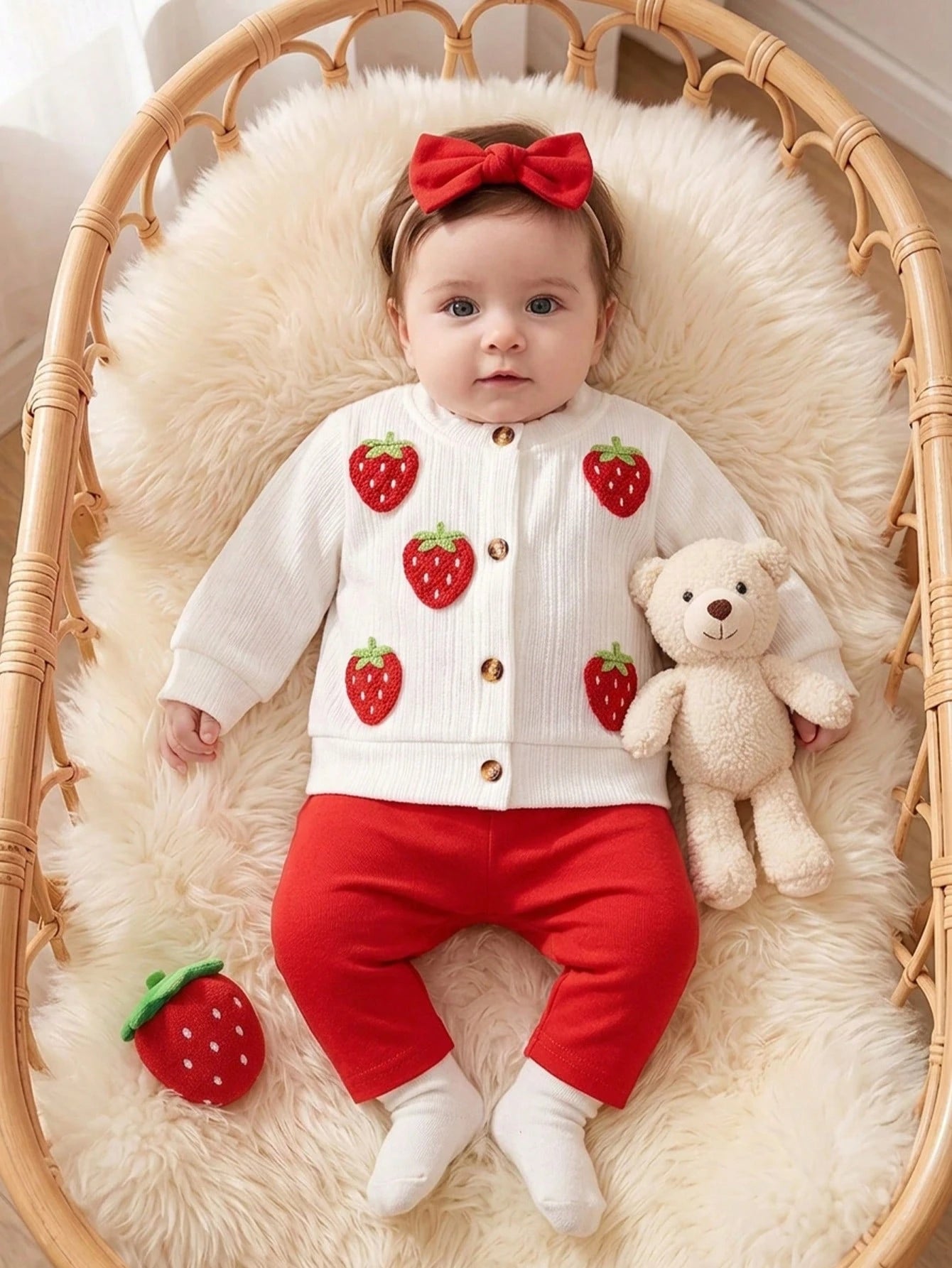 Newborn Baby Girls Spring Autumn Cardigan, Faux Knit Strawberry Coat Set