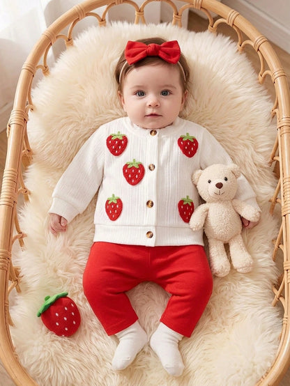 Newborn Baby Girls Spring Autumn Cardigan, Faux Knit Strawberry Coat Set