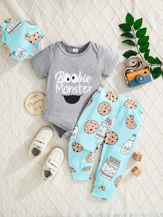 Newborn Baby Letter Print Romper + Pants + Hat 3pcs Set