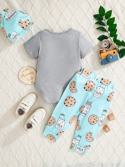 Newborn Baby Letter Print Romper + Pants + Hat 3pcs Set