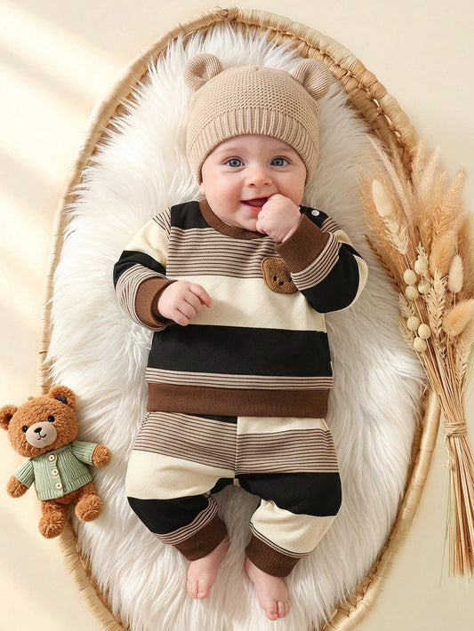Newborn Boy Autumn/Winter Outfit Set, Cream+Black+Brown Three-Color Wide Stripes, Round Neck Top, Shoulder Patch Closure, Easy To Put On And Take Off, Front Bear Patch Decoration At Collar+Cuffs