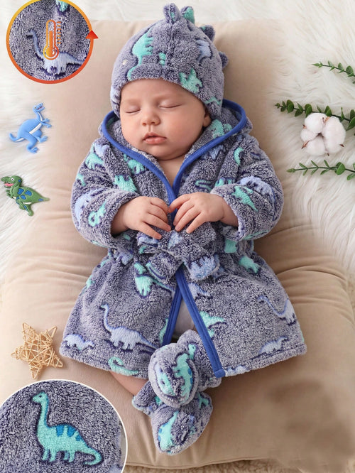 Newborn Soft Plush Gray And Blue Base Color With Blue Dinosaur Pattern Long Sleeve Hooded Button-Front Deep Blue Trim Contrast Edge Sleepwear