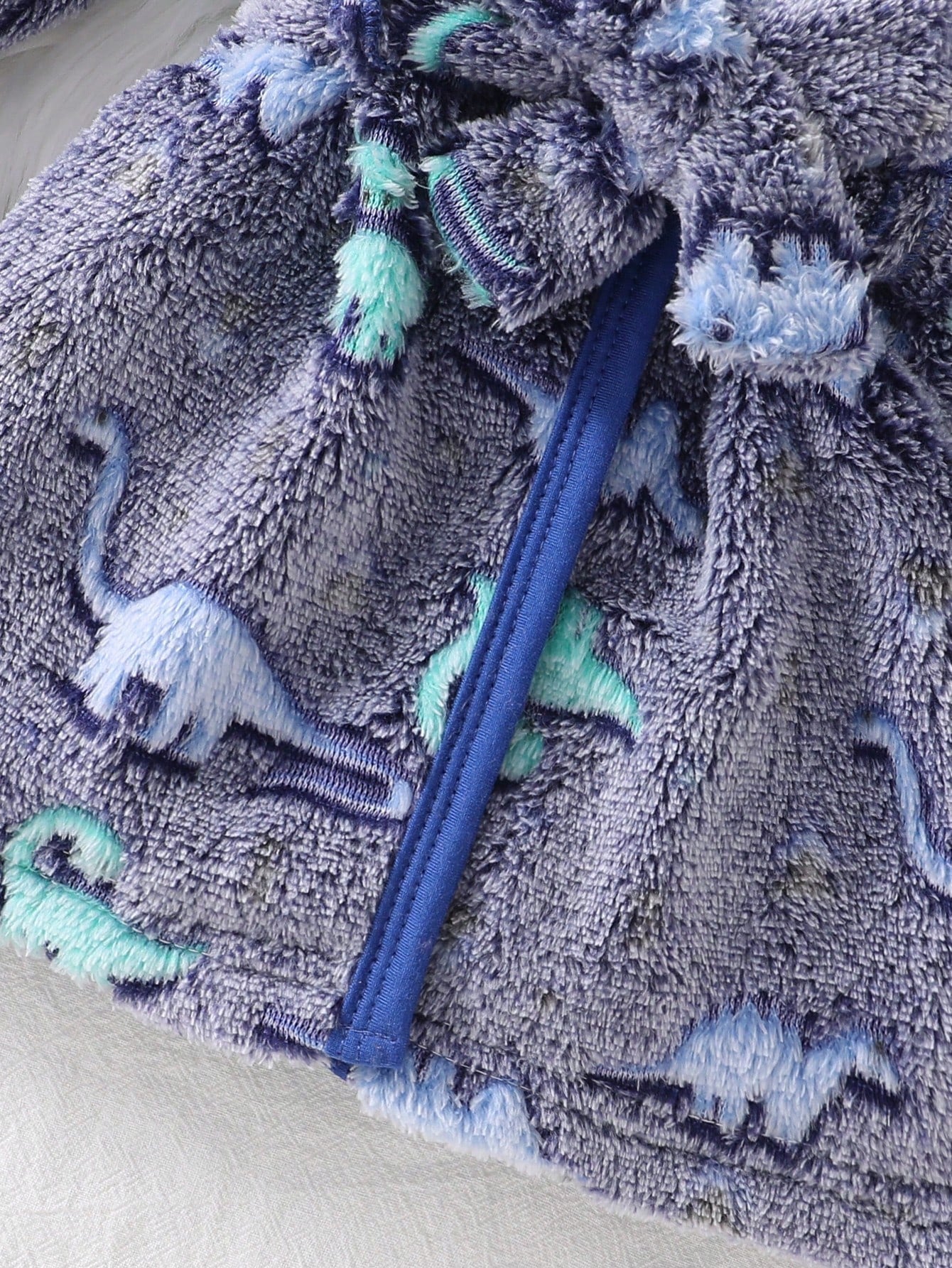 Newborn Soft Plush Gray And Blue Base Color With Blue Dinosaur Pattern Long Sleeve Hooded Button-Front Deep Blue Trim Contrast Edge Sleepwear