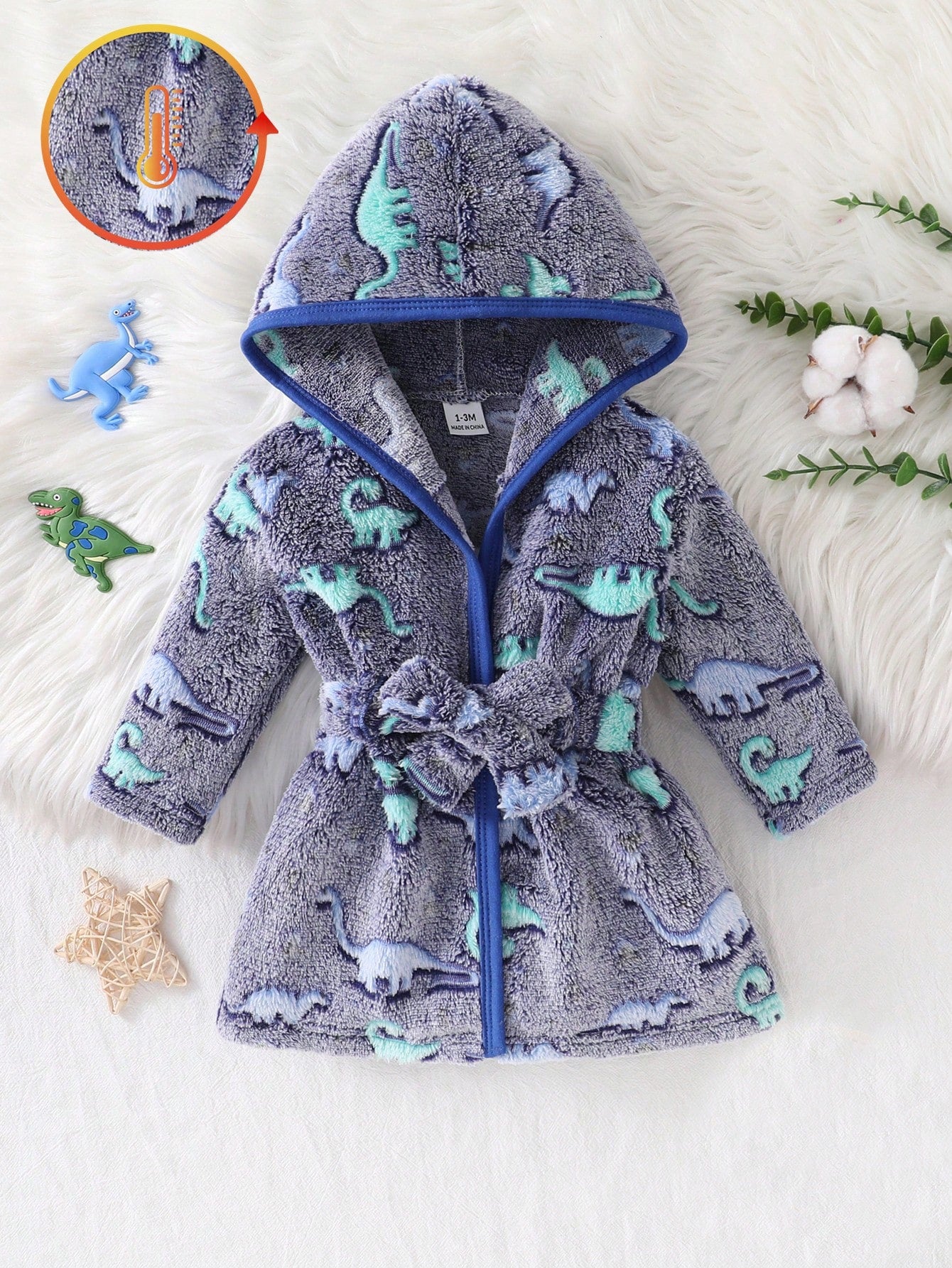 Newborn Soft Plush Gray And Blue Base Color With Blue Dinosaur Pattern Long Sleeve Hooded Button-Front Deep Blue Trim Contrast Edge Sleepwear
