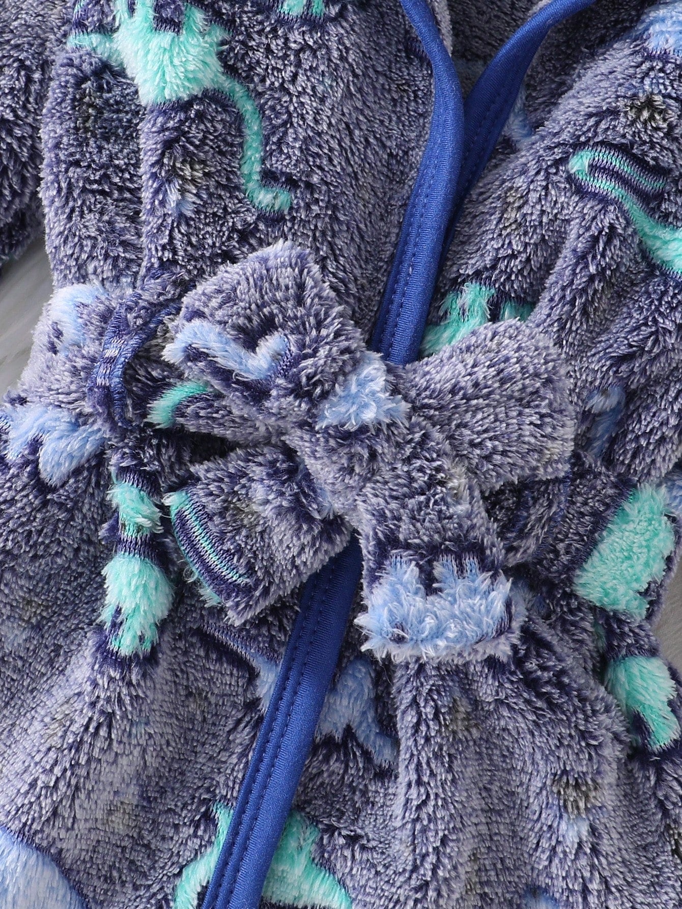 Newborn Soft Plush Gray And Blue Base Color With Blue Dinosaur Pattern Long Sleeve Hooded Button-Front Deep Blue Trim Contrast Edge Sleepwear