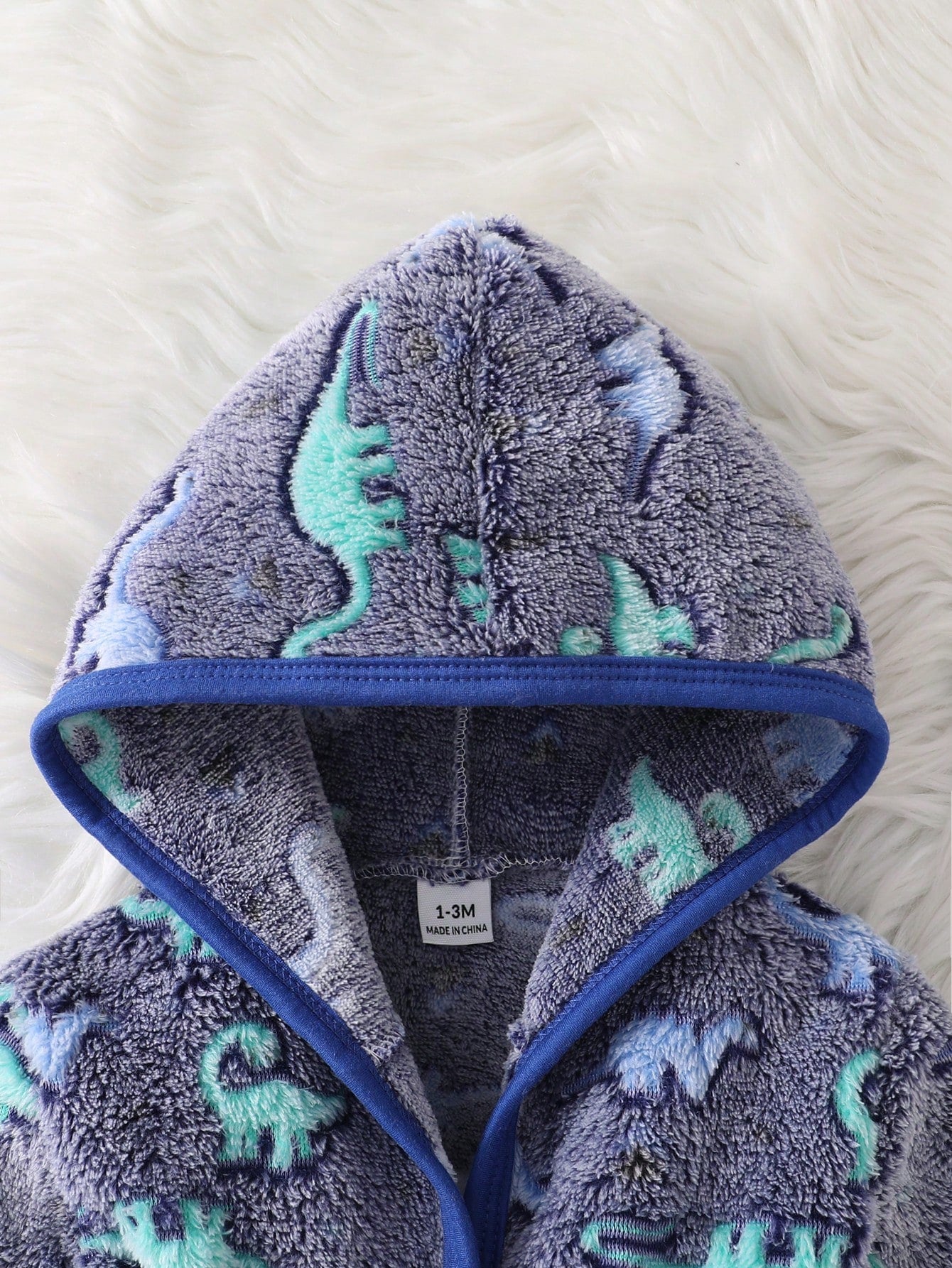 Newborn Soft Plush Gray And Blue Base Color With Blue Dinosaur Pattern Long Sleeve Hooded Button-Front Deep Blue Trim Contrast Edge Sleepwear