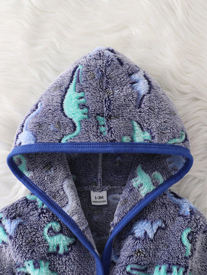 Newborn Soft Plush Gray And Blue Base Color With Blue Dinosaur Pattern Long Sleeve Hooded Button-Front Deep Blue Trim Contrast Edge Sleepwear