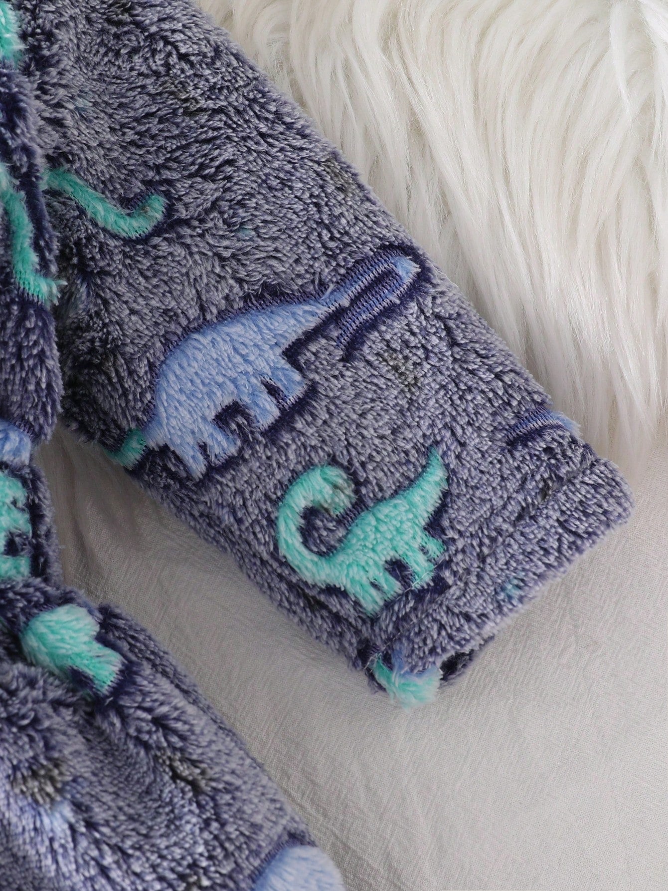 Newborn Soft Plush Gray And Blue Base Color With Blue Dinosaur Pattern Long Sleeve Hooded Button-Front Deep Blue Trim Contrast Edge Sleepwear