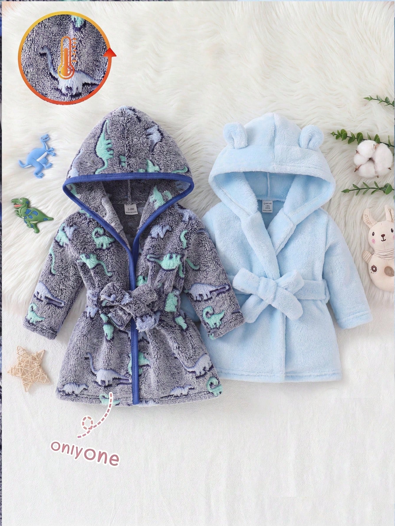 Newborn Soft Plush Gray And Blue Base Color With Blue Dinosaur Pattern Long Sleeve Hooded Button-Front Deep Blue Trim Contrast Edge Sleepwear