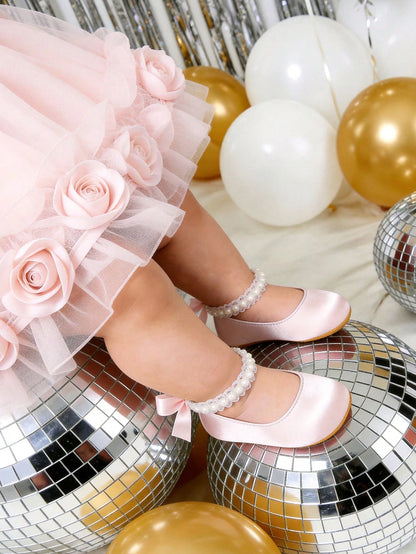 Newborn/Toddler Girls Mary Jane Flats- Newborn Infant Walking Shoes Soft Rubber Sole Princess Wedding Walking Shoes