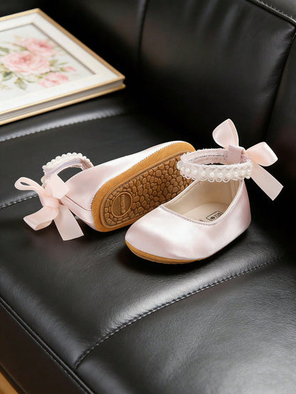 Newborn/Toddler Girls Mary Jane Flats- Newborn Infant Walking Shoes Soft Rubber Sole Princess Wedding Walking Shoes