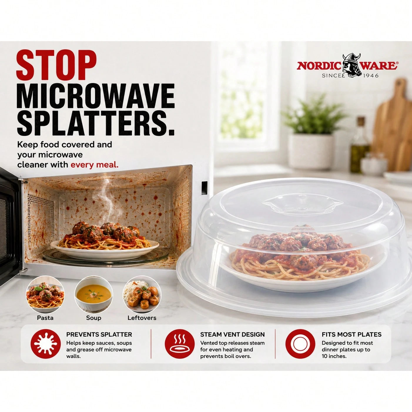 Nordic Ware Microwave Plate Cover, Clear Microwave Splatter Guard Lid With Steam Vents, Microwave Food Cover For Plates, Dishwasher Friendly Kitchen Accessory, Reusable Plastic Microwave Lid For Heati