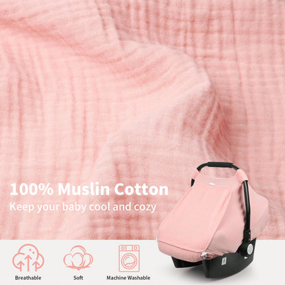 Oaoleer 1PC Car Seat Cover Baby, Carseat Covers Girl Boy, Breathable Muslin Cotton, Large Mesh Window, Infant Car Seat Canopy Baby Carrier Cover