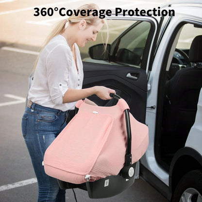 Oaoleer 1PC Car Seat Cover Baby, Carseat Covers Girl Boy, Breathable Muslin Cotton, Large Mesh Window, Infant Car Seat Canopy Baby Carrier Cover