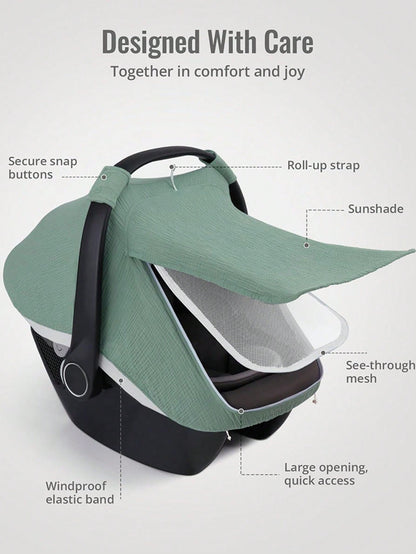 Oaoleer 1PC Car Seat Cover Baby, Carseat Covers Girl Boy, Breathable Muslin Cotton, Large Mesh Window, Infant Car Seat Canopy Baby Carrier Cover