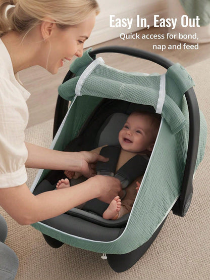 Oaoleer 1PC Car Seat Cover Baby, Carseat Covers Girl Boy, Breathable Muslin Cotton, Large Mesh Window, Infant Car Seat Canopy Baby Carrier Cover