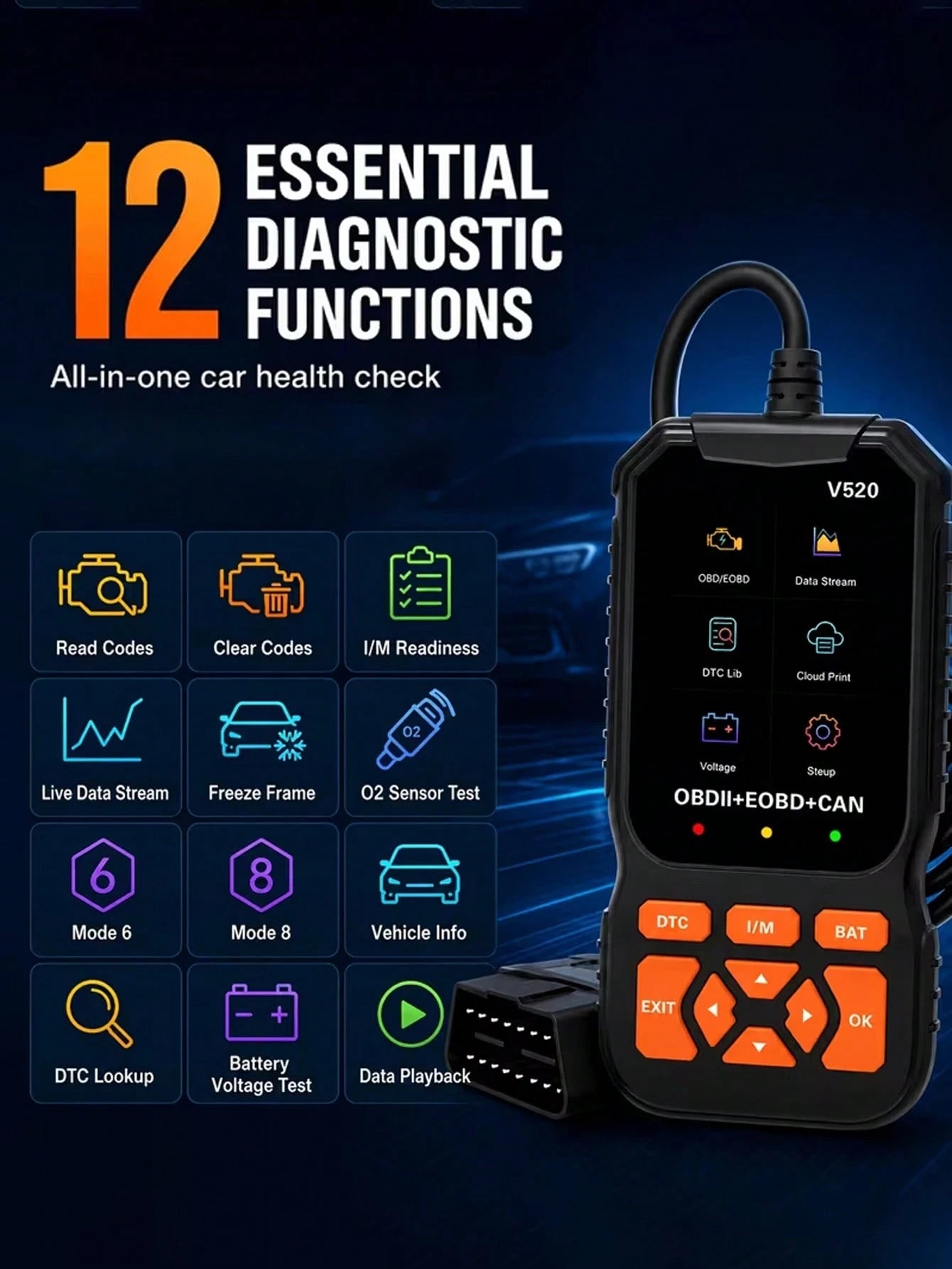 OBD2 Scanner Diagnostic Tool, Engine Fault Code Reader With Reset Function, Supports Mode 6, Mode 8 And I/M Readiness Test, Automatically Checks Engine Fault Light, Compatible With All OBDII Vehicles