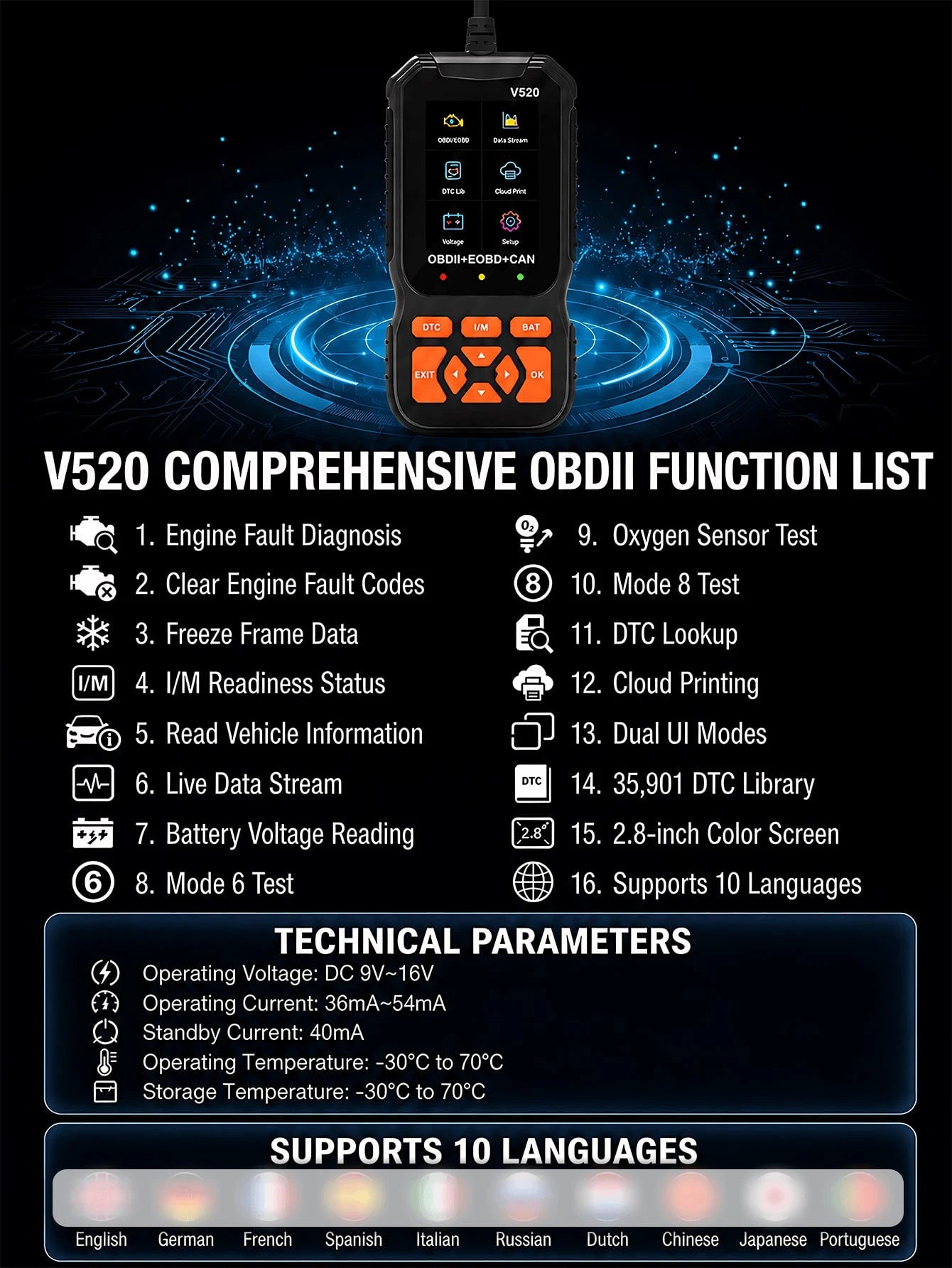 OBD2 Scanner Diagnostic Tool, Engine Fault Code Reader With Reset Function, Supports Mode 6, Mode 8 And I/M Readiness Test, Automatically Checks Engine Fault Light, Compatible With All OBDII Vehicles