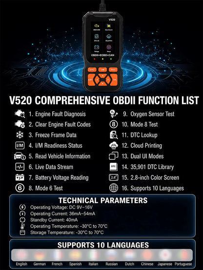 OBD2 Scanner Diagnostic Tool, Engine Fault Code Reader With Reset Function, Supports Mode 6, Mode 8 And I/M Readiness Test, Automatically Checks Engine Fault Light, Compatible With All OBDII Vehicles